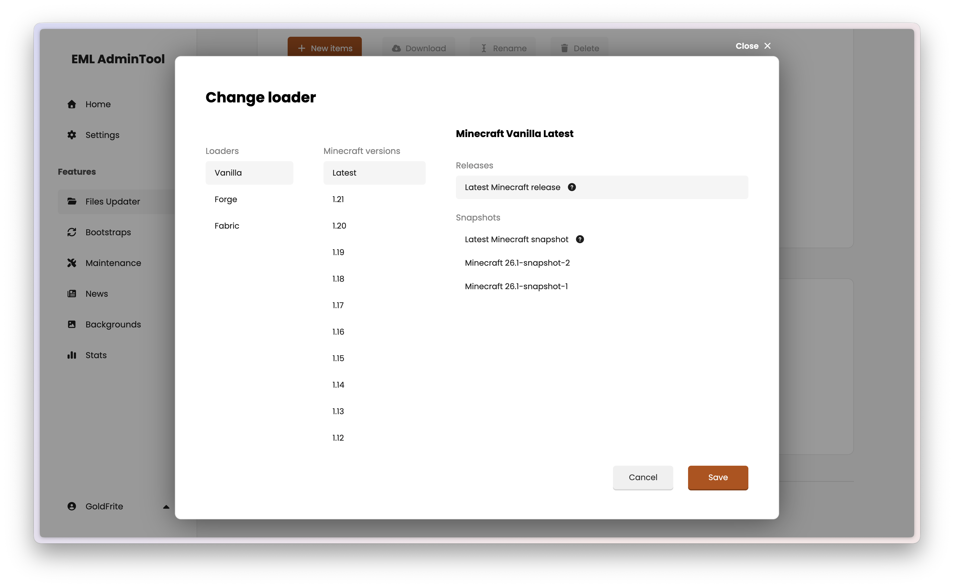 Loader Settings modal