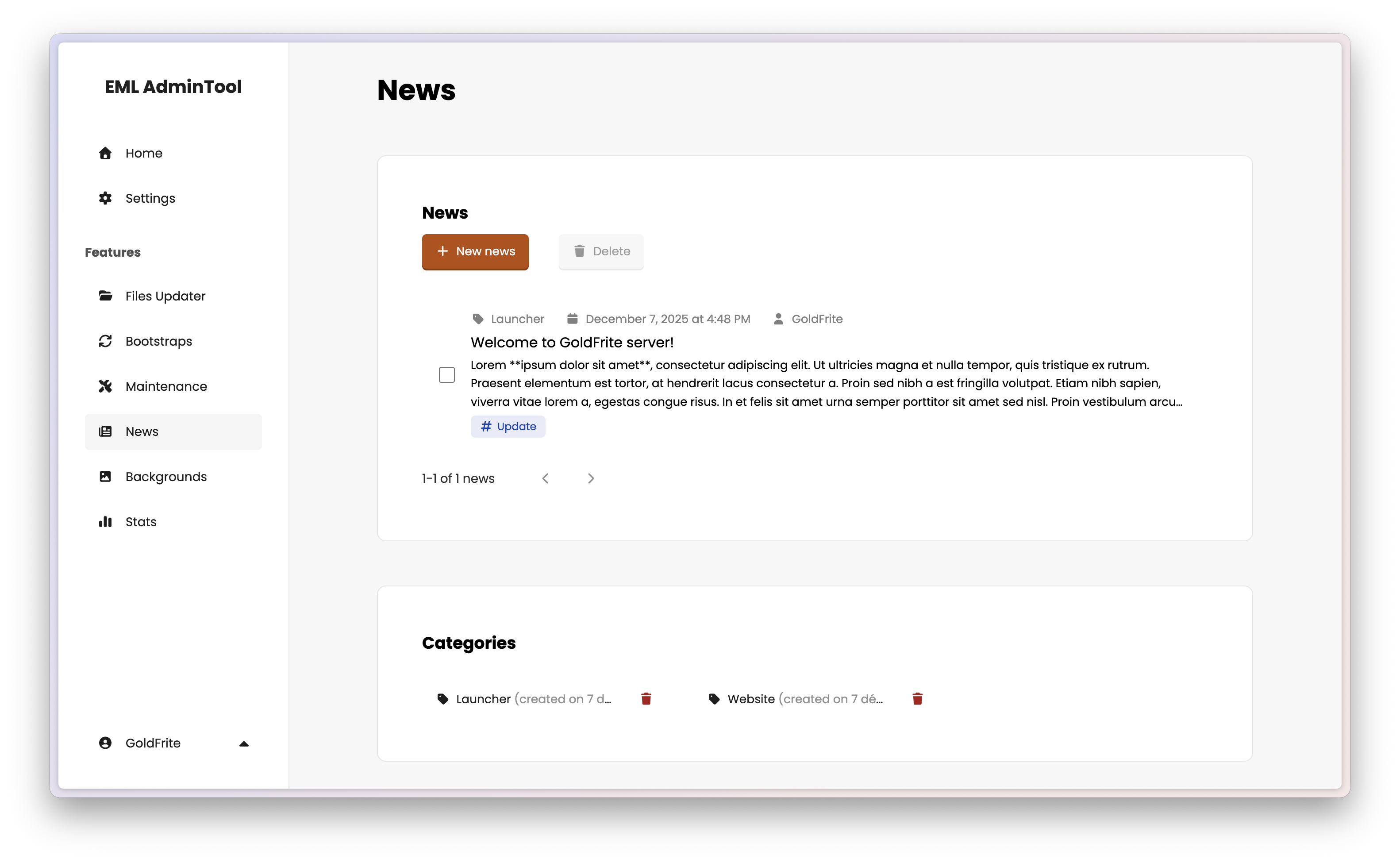 News page overview